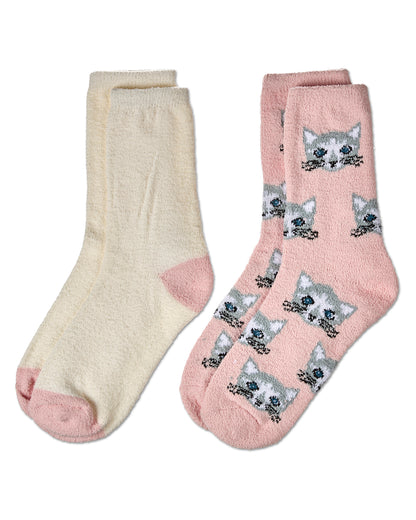 2 Pair Women's "Cats" Conversational Cozy Crew Sock : Color: Powder Pink