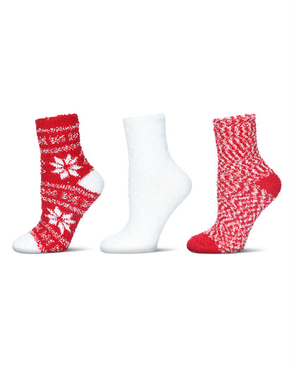Women's 3 Pair Pack Snowflake Cozy Crew Socks : Color: Chili Pepper