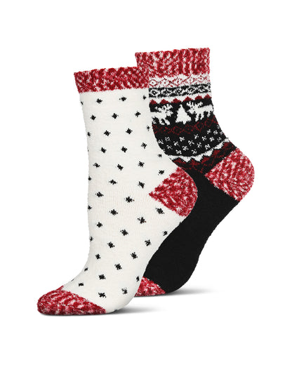 Women's 2 Pair Pack Fairisle Border Cloud Soft Crew Socks : Color: Black