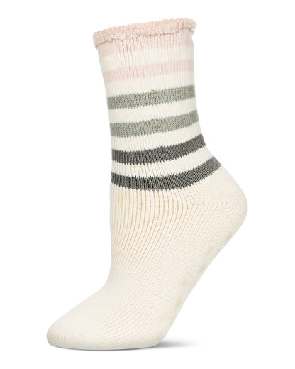 Women's Rugby Stripe Cozy Warm Thermal Crew Socks : Color: Ivory