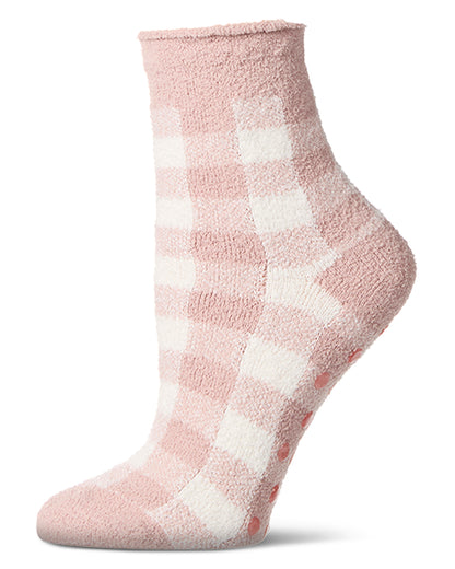 Women's Gingham Plaid Roll Top SuperSoft Cozy Crew Sock : Color: Rose