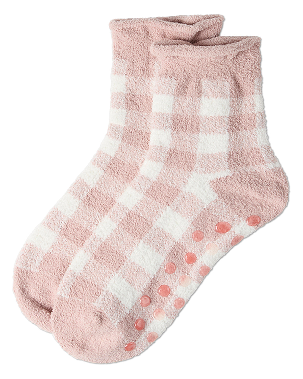 Women's Gingham Plaid Roll Top SuperSoft Cozy Crew Sock : Color: Rose