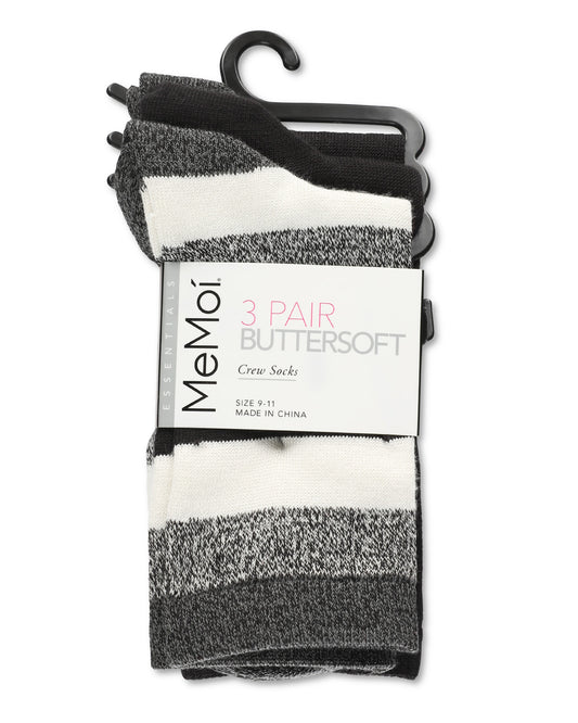 Women's 3 Pair Pack Jumbo Stripes Buttersoft Crew Socks : Color: Black