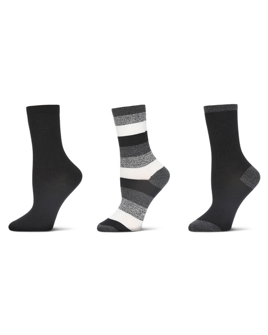 Women's 3 Pair Pack Jumbo Stripes Buttersoft Crew Socks : Color: Black Marled