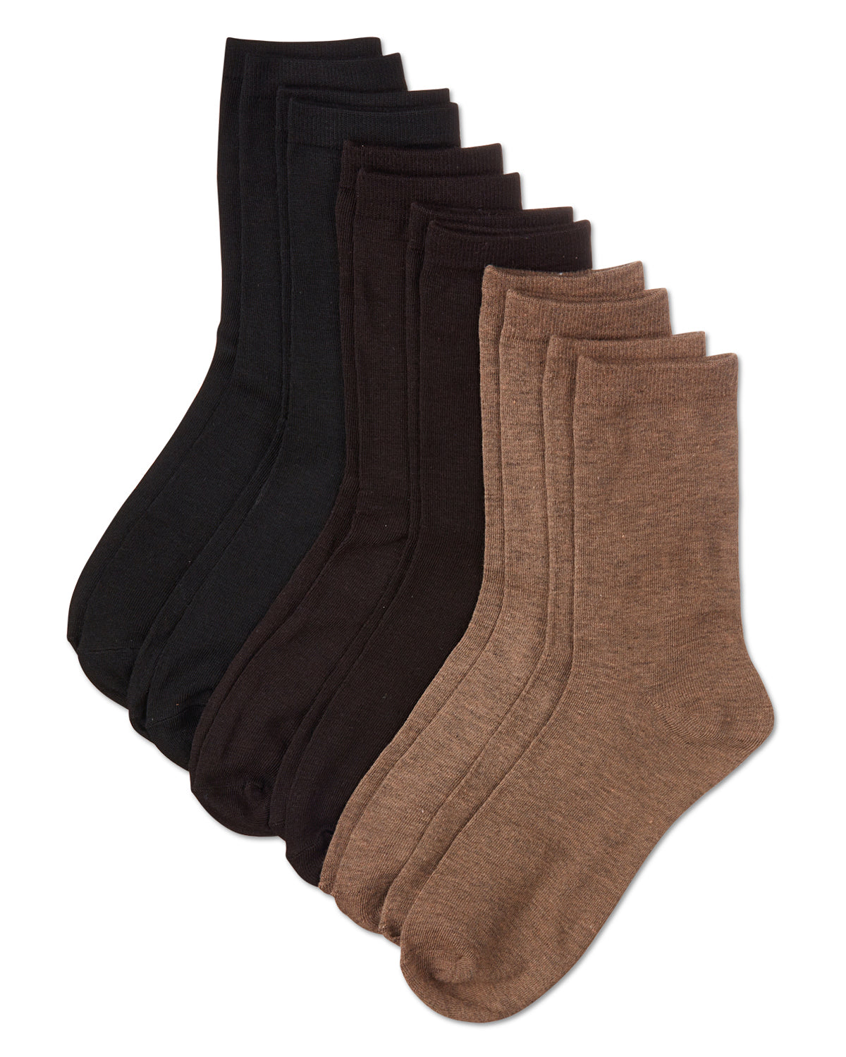 Women's 6 Pair Pack Basic Solid Soft Flat Knit Crew Socks : Color: Khaki-Brown-Black