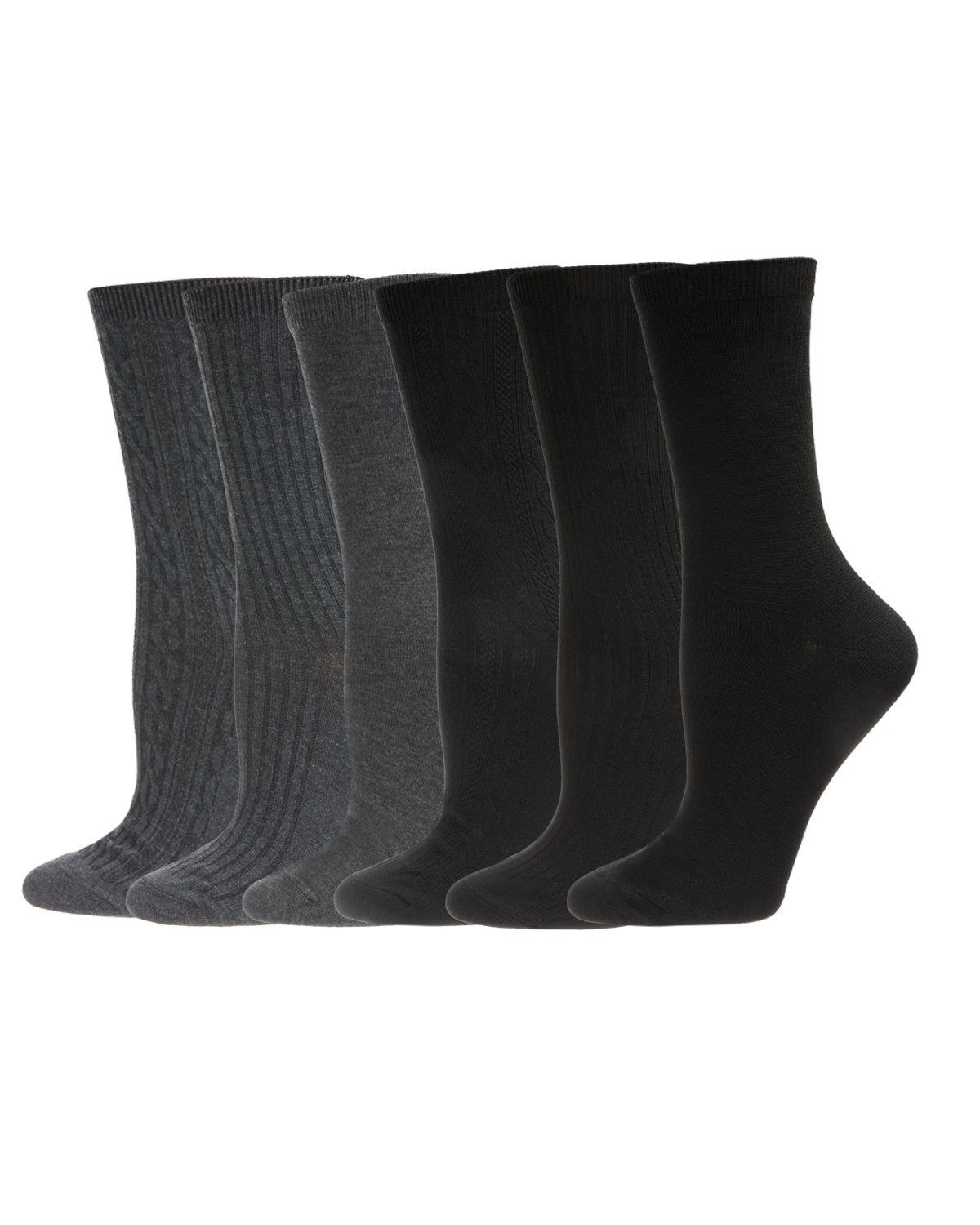 Women's 6 Pair Pack Basic Rib/Flat Knit/Cable Crew Socks : Color: Gray Heather-Black