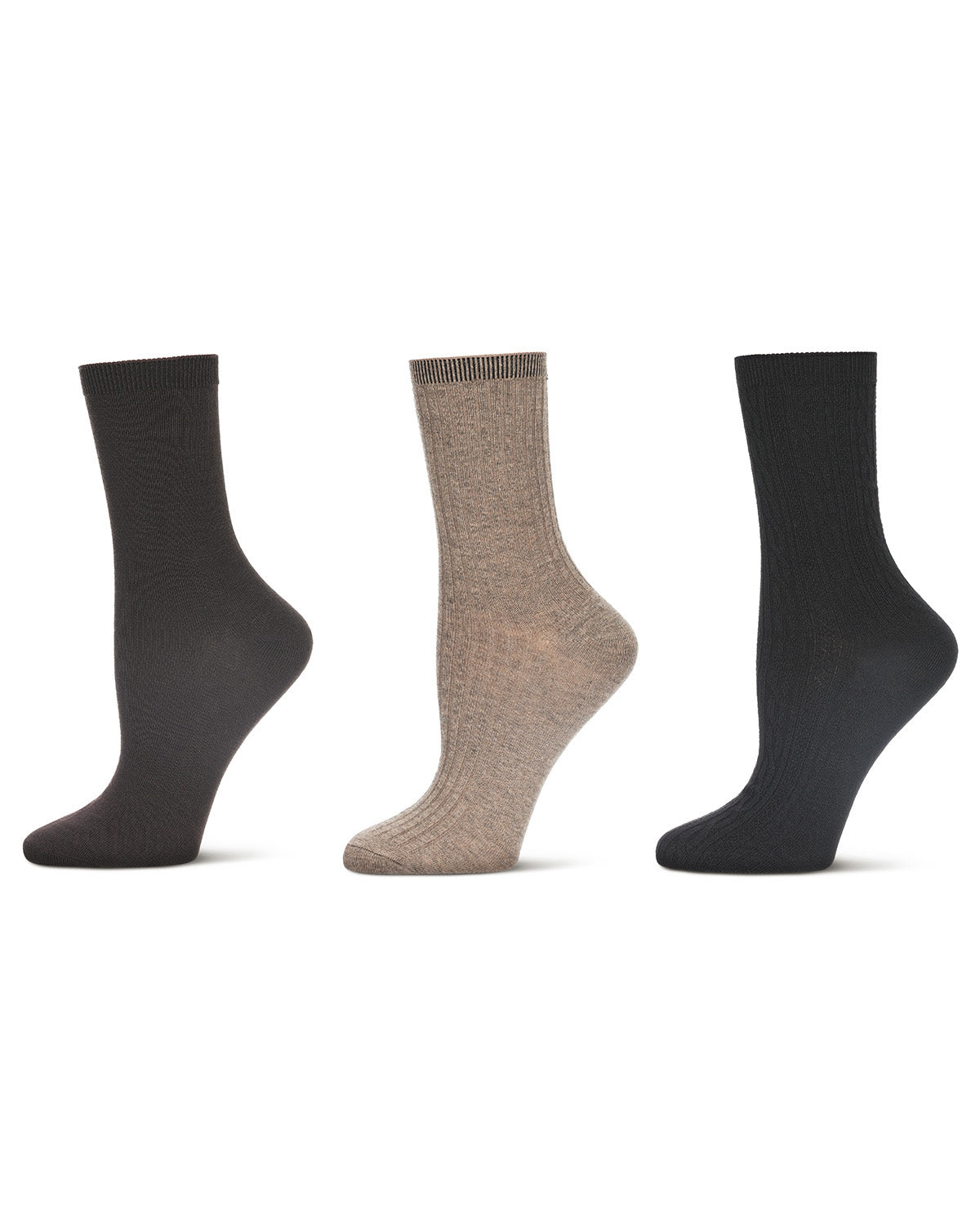 Women's 6 Pair Pack Basic Rib/Flat Knit/Cable Crew Socks : Color: Khaki-Brown-Black