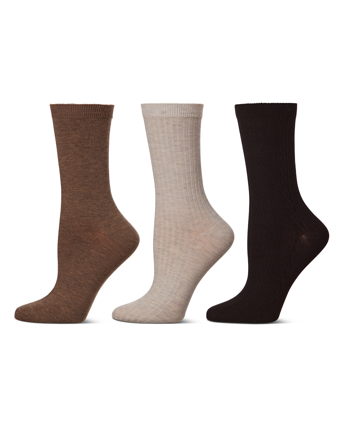 Women's 6 Pair Pack Basic Rib/Flat Knit/Cable Crew Socks : Color: Oatmeal Heather-Khaki-Brown