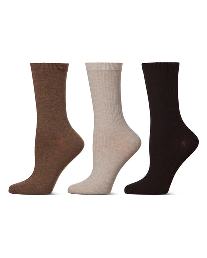 Women's 6 Pair Pack Basic Rib/Flat Knit/Cable Crew Socks : Color: Oatmeal Heather-Khaki-Brown