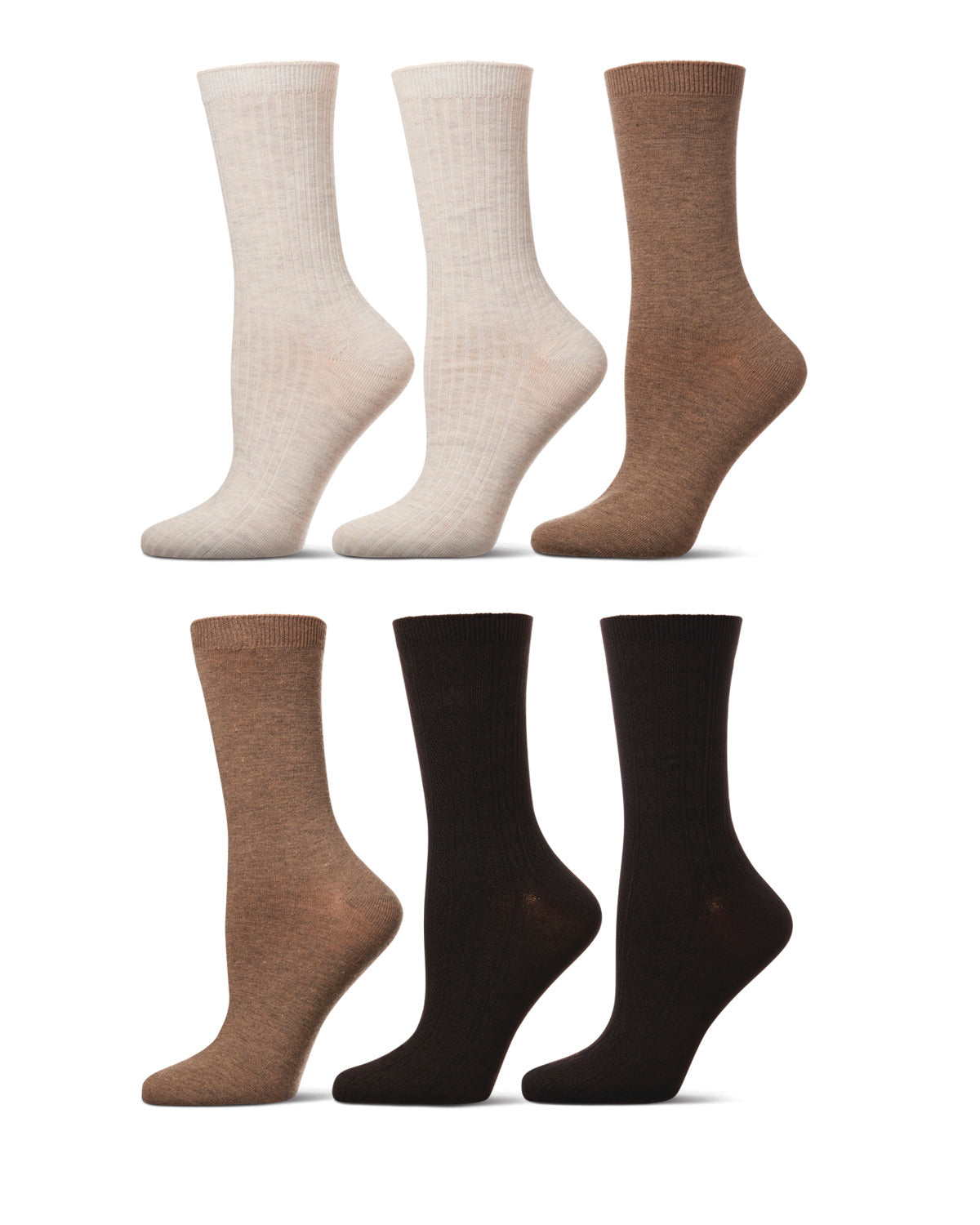Women's 6 Pair Pack Basic Rib/Flat Knit/Cable Crew Socks