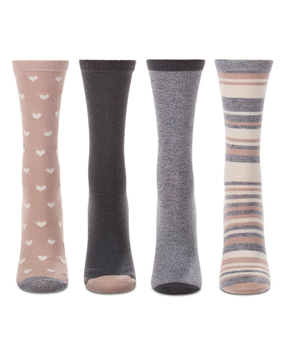 4 Pair Women's Buttersoft Crew Socks - Pindot Hearts, Stripes, Solids