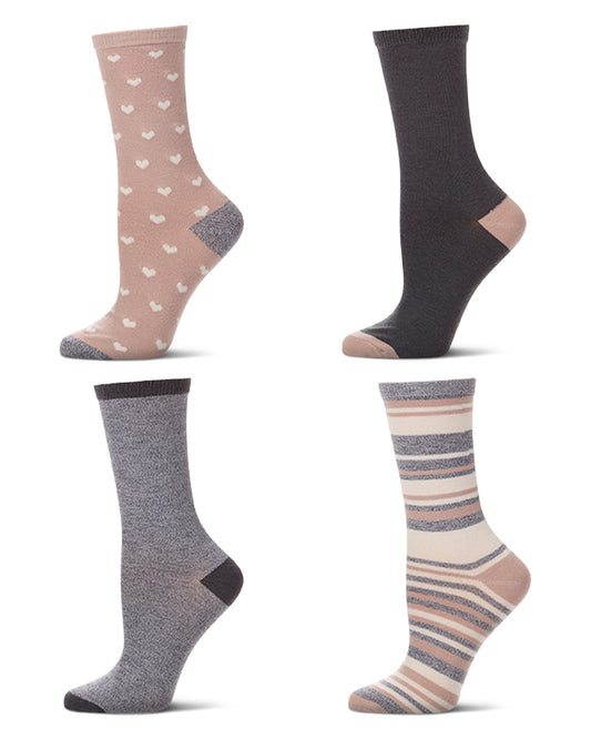 4 Pair Women's Buttersoft Crew Socks - Pindot Hearts, Stripes, Solids