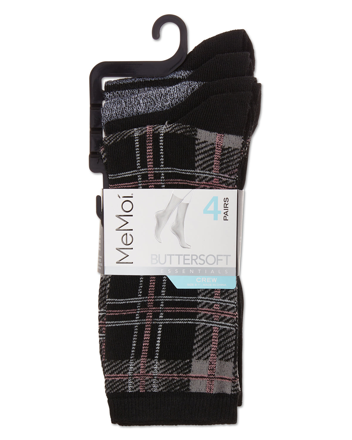 Women's 4 Pair Pack Plaid Buttersoft Crew Socks : Color: Black