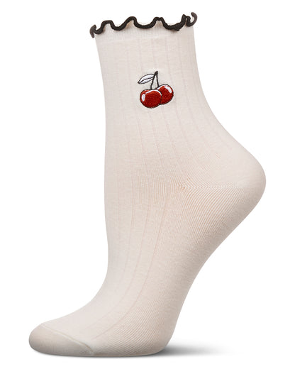 Women's Cherry Applique Cotton Blend Fashion Crew Sock : Color: Ivory