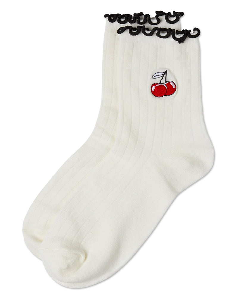 Women's Cherry Applique Cotton Blend Fashion Crew Sock