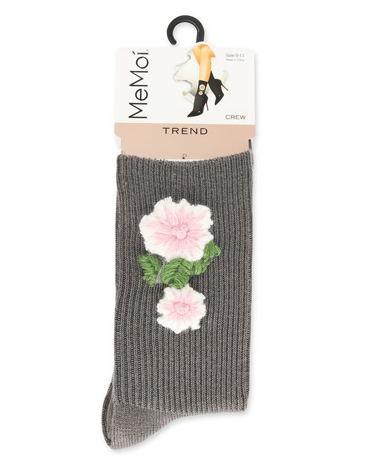 Women's Crochet Flower Ribbed Crew Socks : Color: Gray