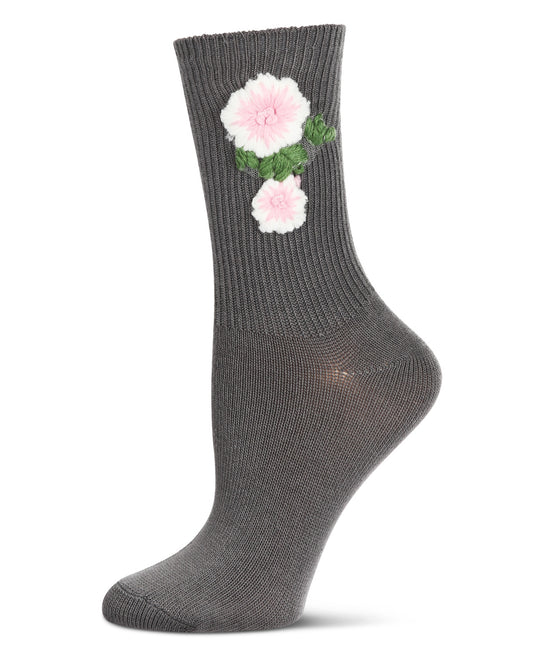 Women's Crochet Flower Ribbed Crew Socks : Color: Gray