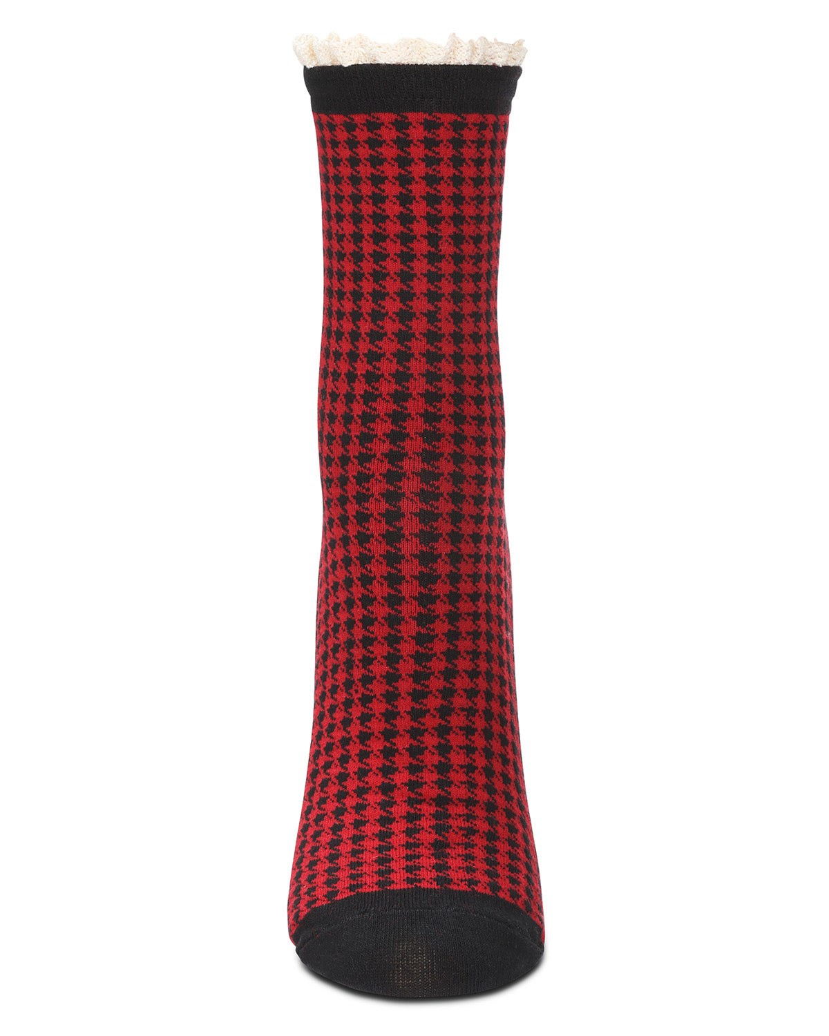 Women's Houndstooth Lace Cuff Crew Socks : Color: Black-Red