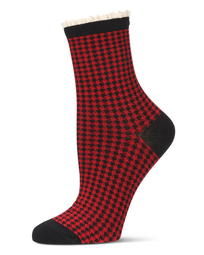 Women's Houndstooth Lace Cuff Crew Socks : Color: Black-Red