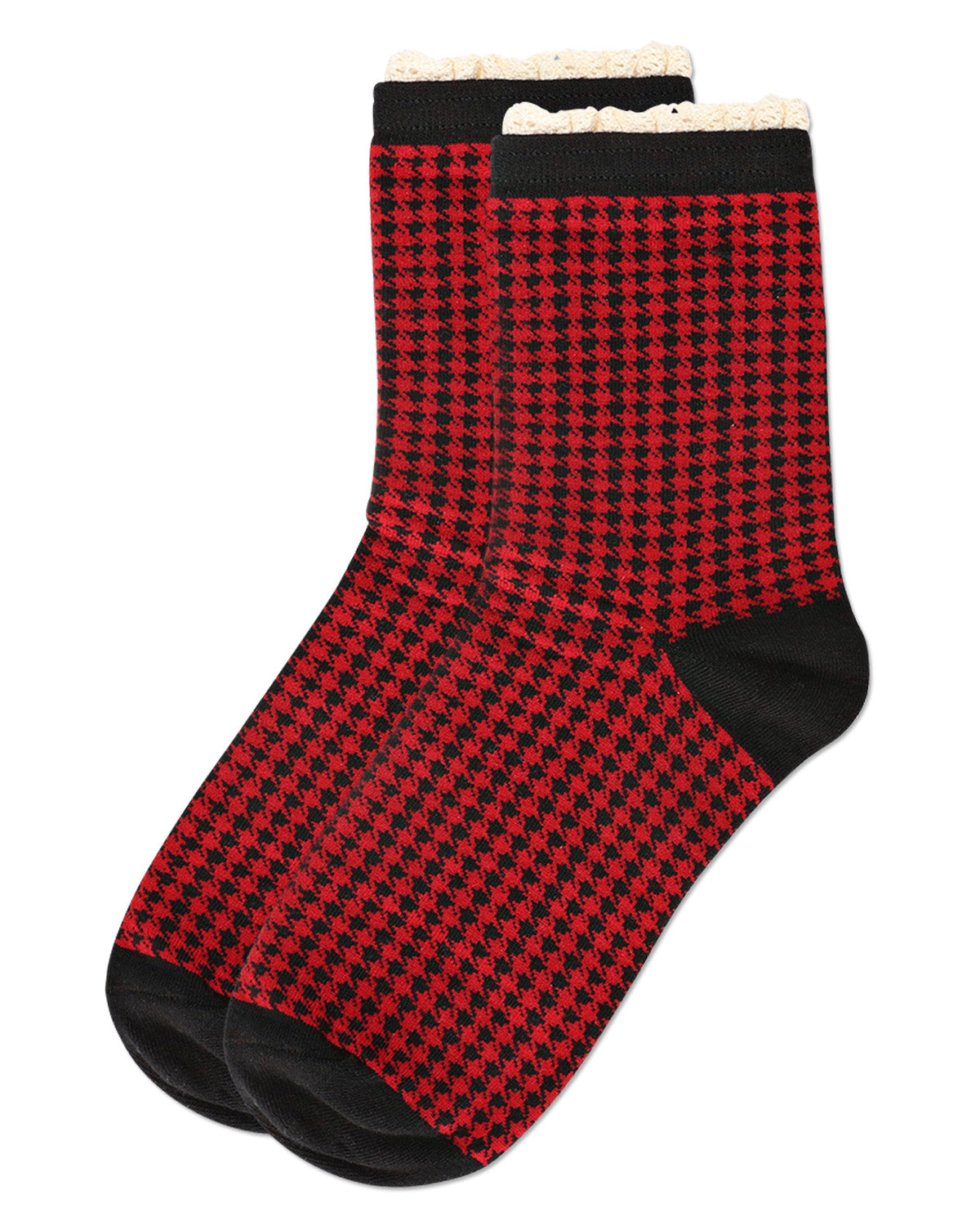 Women's Houndstooth Lace Cuff Crew Socks : Color: Black-Red