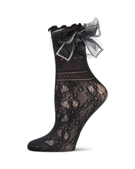 Women's Rhinestone Bow Netted Crew Socks : Color: Black