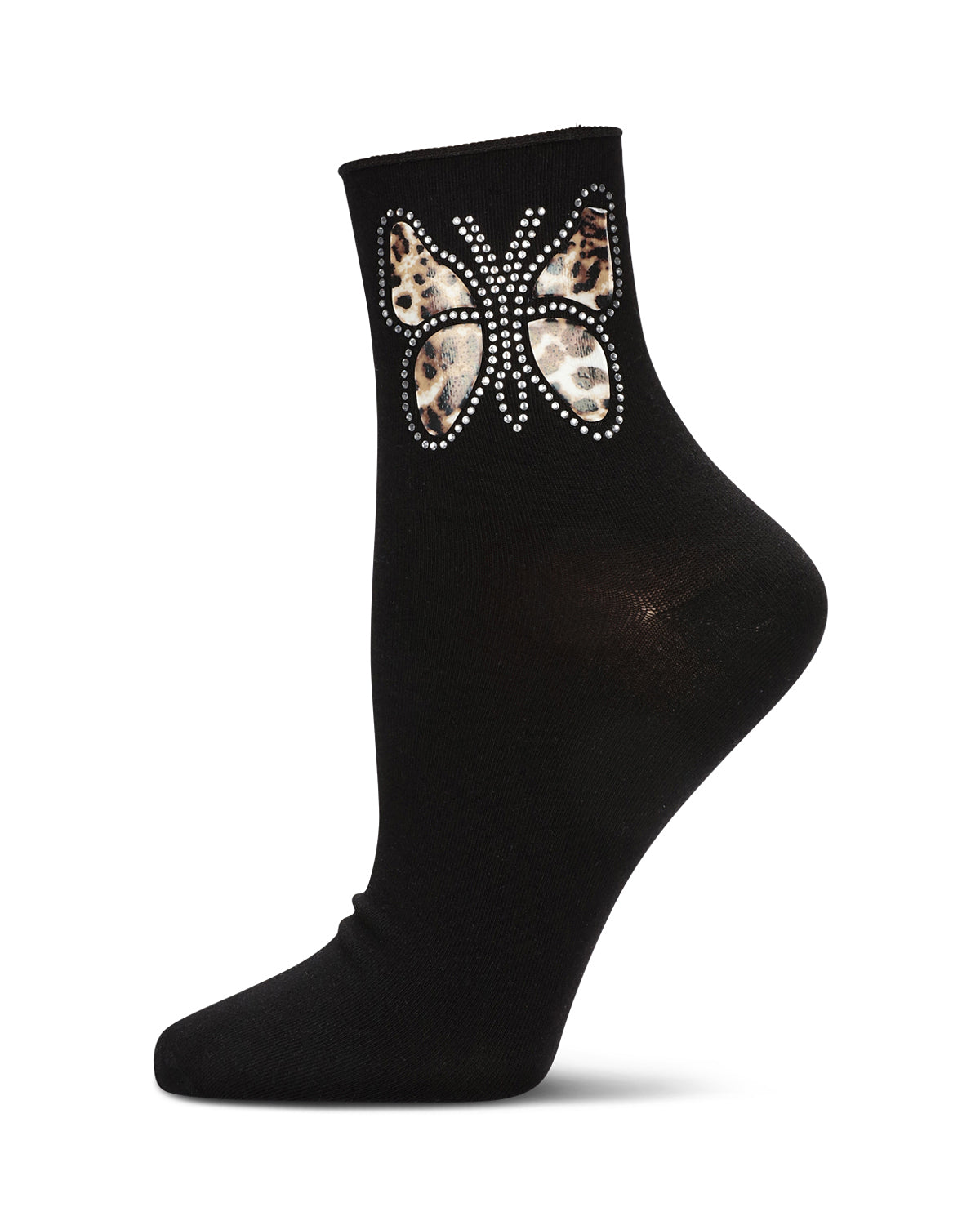 Women's Leopard Butterfly Rhinestone Crew Socks : Color: Black