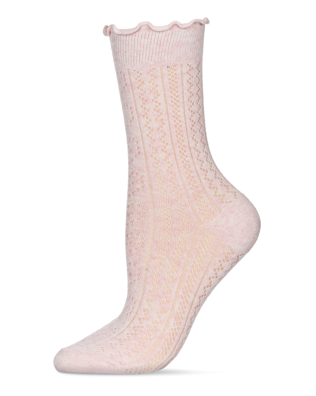 Women's Heart Ruffle Cuff Pointelle Crew Socks : Color: Pink Heather