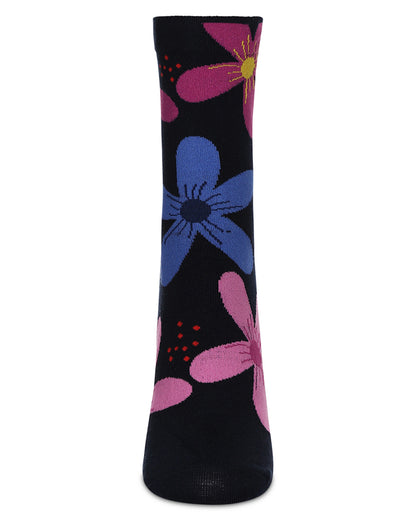 Women's Garden Floral Combed Cotton Crew Socks : Color: Bright Navy