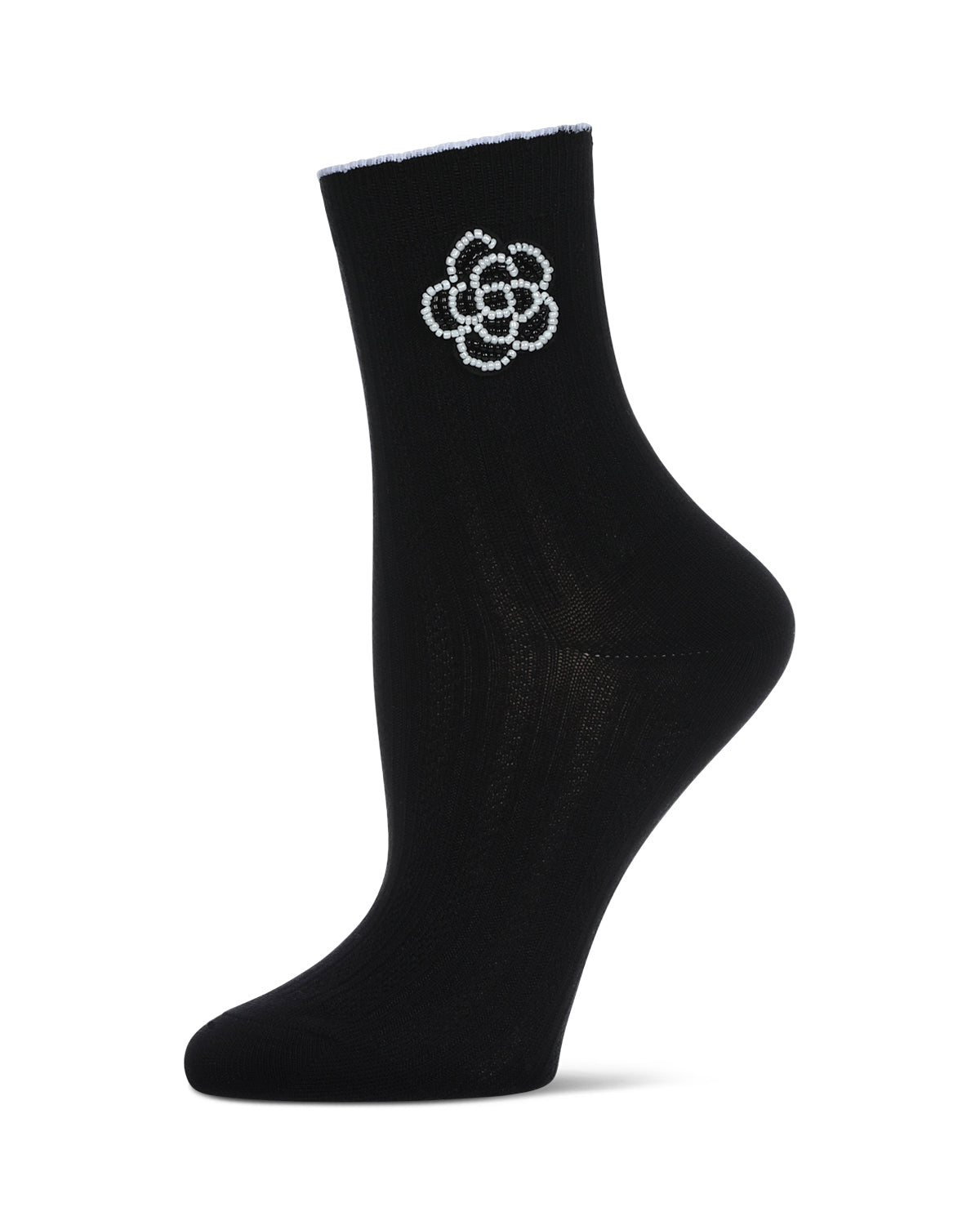 Women's Beaded Blossom Knit Rib Crew Socks : Color: Black