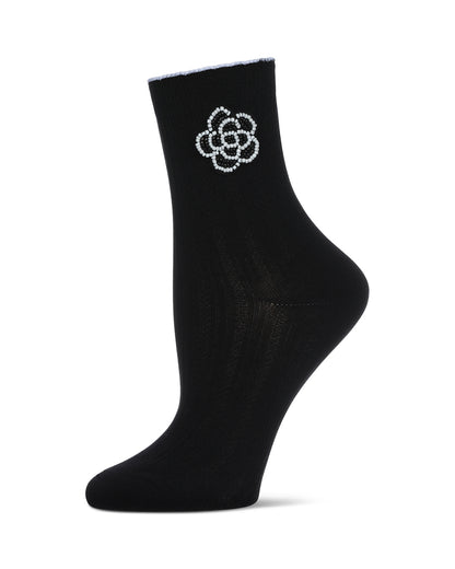 Women's Beaded Blossom Knit Rib Crew Socks : Color: Black