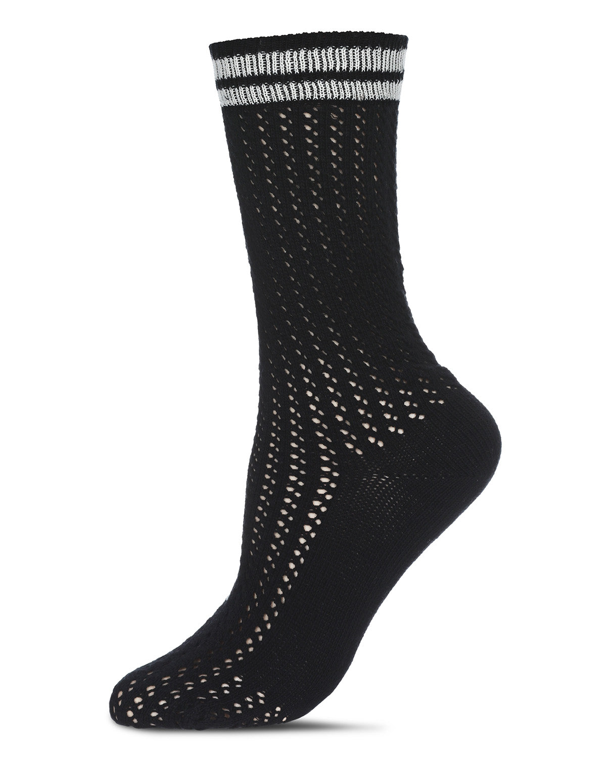 Women's Pointelle Knit Striped Crew Socks : Color: Black