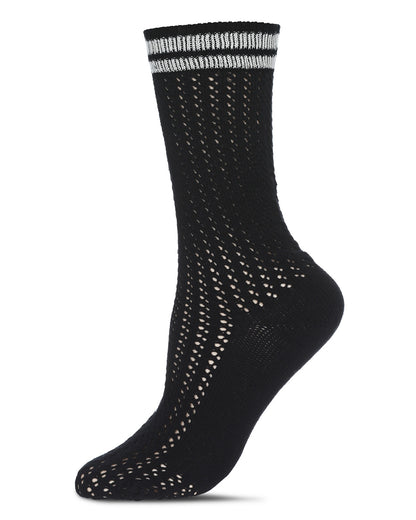 Women's Pointelle Knit Striped Crew Socks : Color: Black