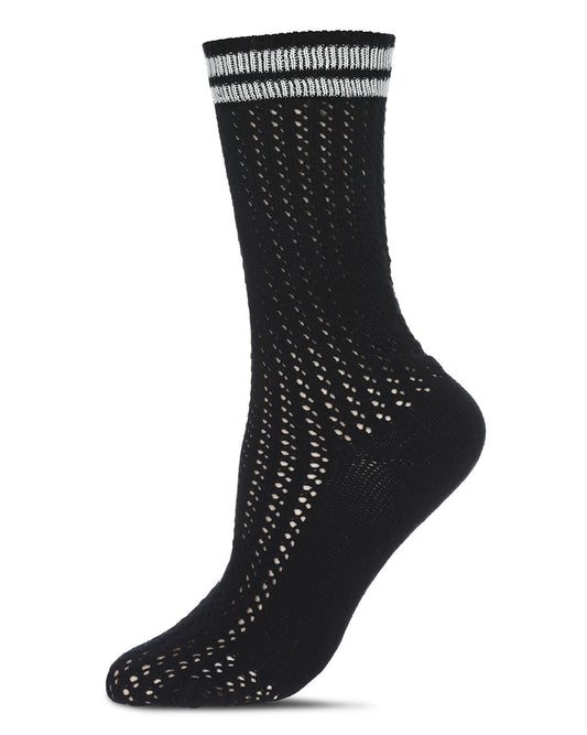 Women's Pointelle Knit Striped Crew Socks : Color: Black