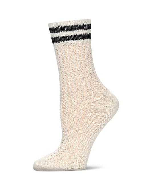 Women's Pointelle Knit Striped Crew Socks : Color: Ivory