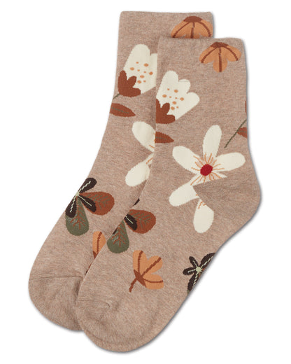 Women's Combed Cotton Floral Crew Socks : Color: Oatmeal