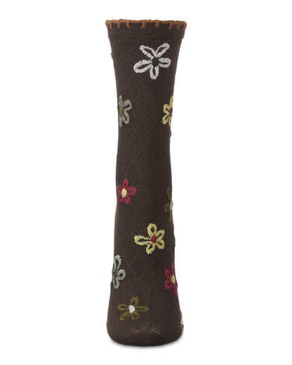 Women's Dancing Daisies Crochet Cuff Crew Socks : Color: Chestnut