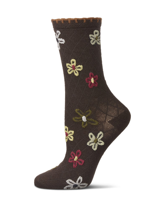Women's Dancing Daisies Crochet Cuff Crew Socks : Color: Chestnut