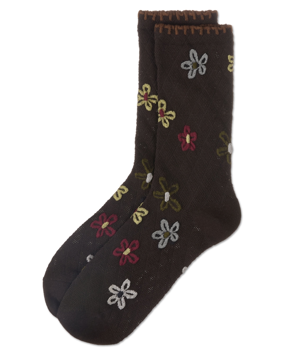 Women's Dancing Daisies Crochet Cuff Crew Socks : Color: Chestnut