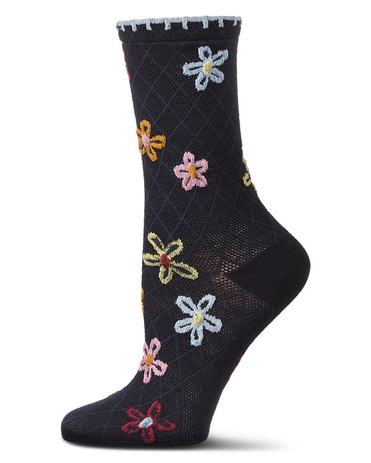 Women's Dancing Daisies Crochet Cuff Crew Socks : Color: Navy