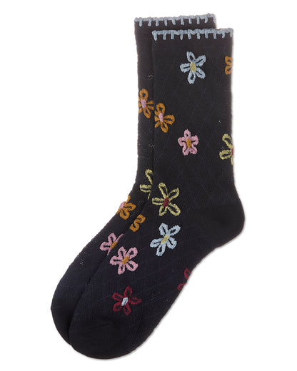 Women's Dancing Daisies Crochet Cuff Crew Socks : Color: Chestnut