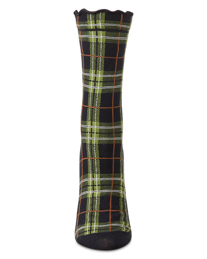 Women's Classic Plaid Lettuce Edge Crew Socks : Color: Navy