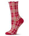 Women's Classic Plaid Lettuce Edge Crew Socks : Color: Red