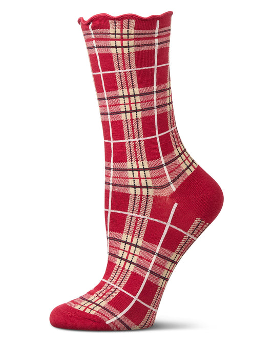 Women's Classic Plaid Lettuce Edge Crew Socks : Color: Red