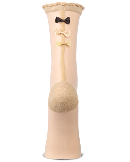 Women's Triple Bow Back Sheer Crew Socks : Color: Tan
