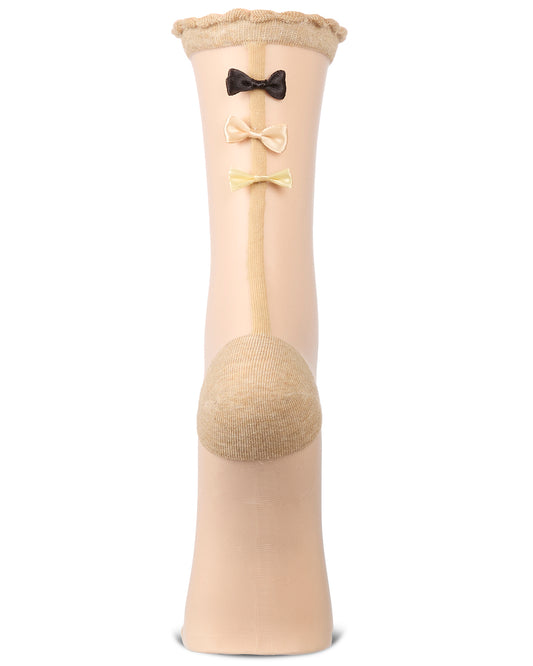Women's Triple Bow Back Sheer Crew Socks : Color: Tan