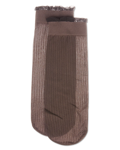 Women's Sheer Ruffle Cuff Ribbed Crew Sock : Color: Brown