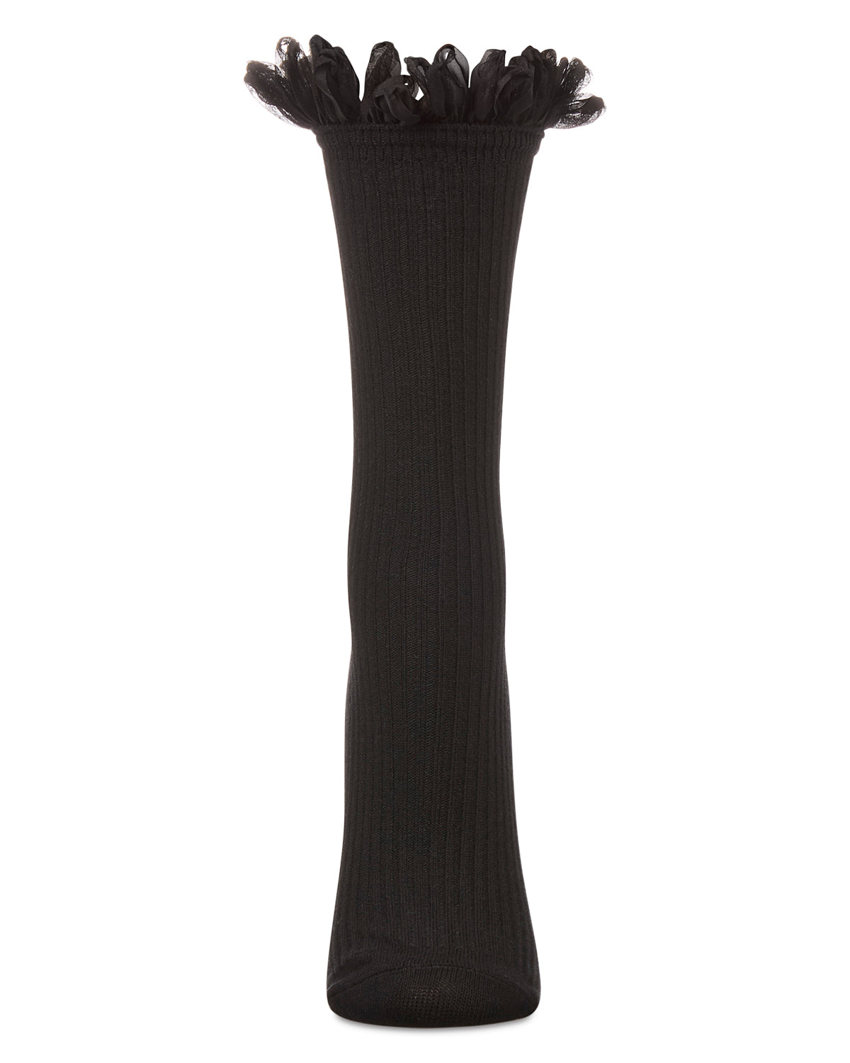 A single black ribbed knee-high sock with a ruffled tulle trim at the top, shown on a plain white background.