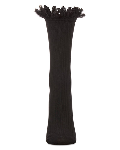 A single black ribbed knee-high sock with a ruffled tulle trim at the top, shown on a plain white background.