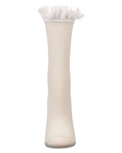 Ivory ribbed sock with ruffle cuff, front view, on a white background