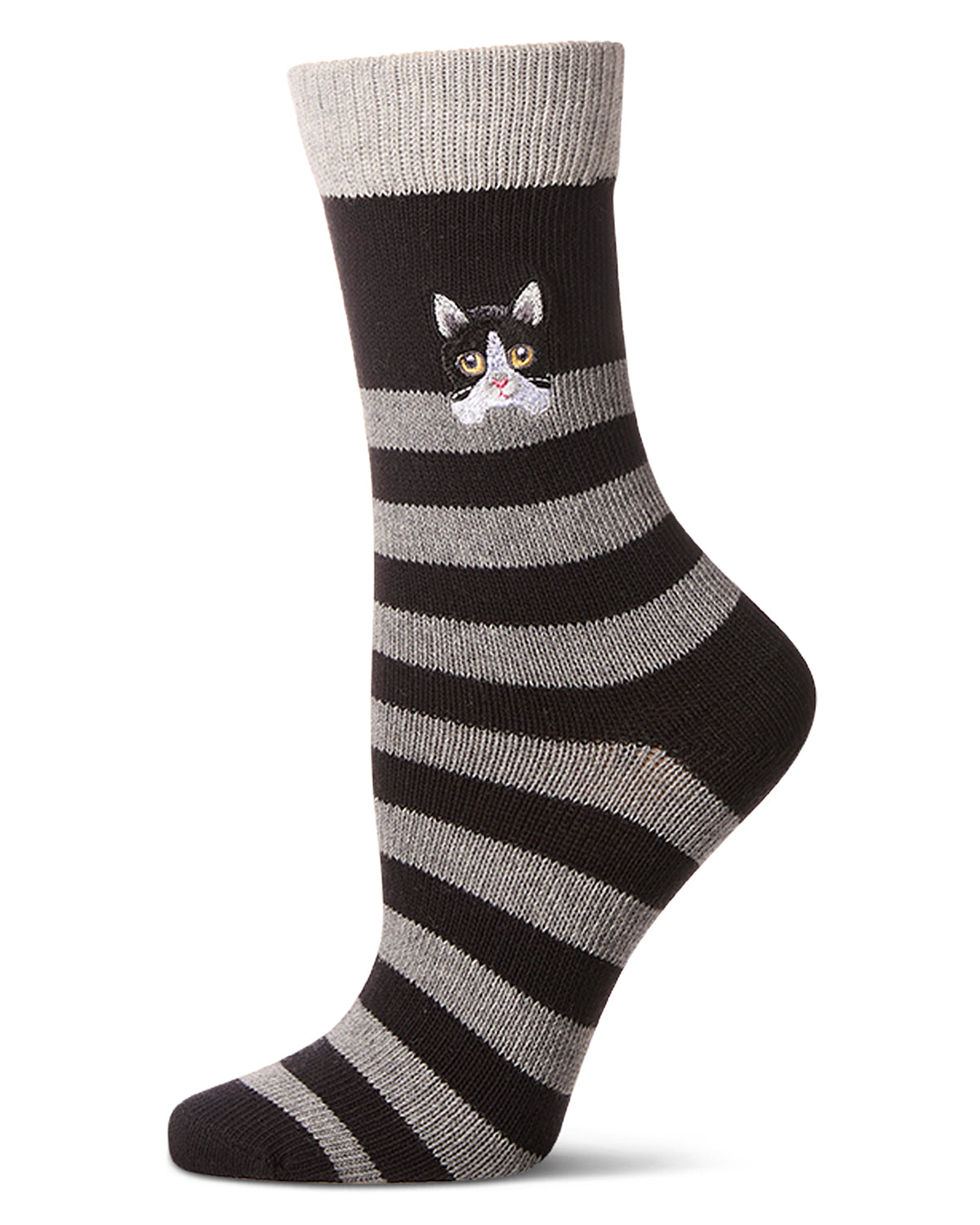 Women's "Just Hanging" Striped Embroidered Cotton Rich Novelty Crew Socks : Color: Black